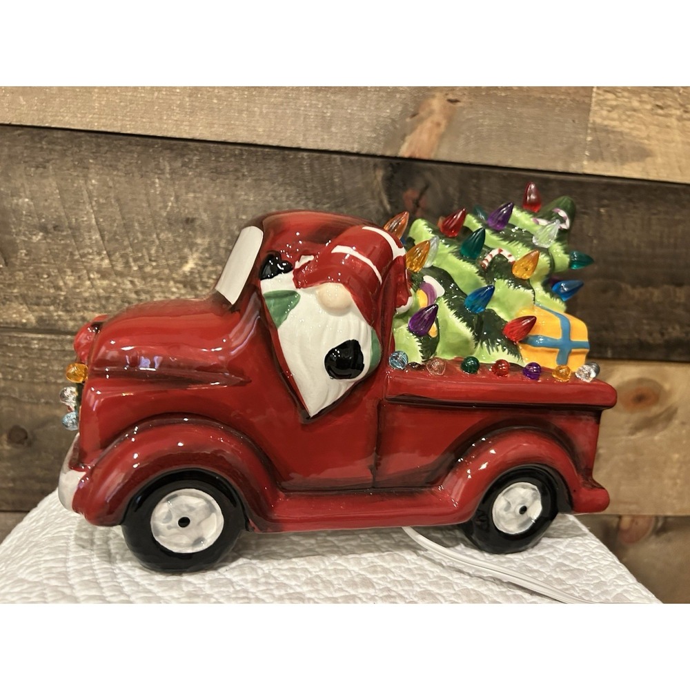 Christmas Vintage Red Ceramic Truck w/ Christmas Tree Lighted Pickup Truck EUC
